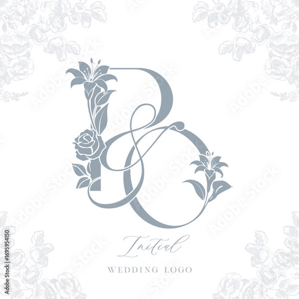 Fototapeta PO Initial Wedding Logo with Rose and Floral Elements – Luxury Monogram Template