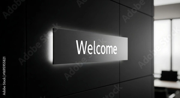 Fototapeta Welcome sign illuminated on a dark wall near a bright window in a modern office building space