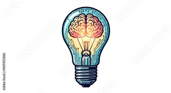 Fototapeta Illustration of a brain inside a light bulb with circuit board patterns on the glass surface