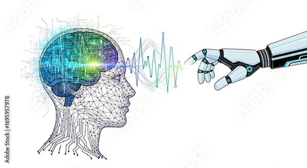 Fototapeta Human brain connected to robotic hand with neural network and signal wave on a white background