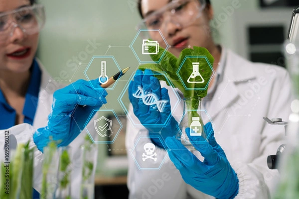 Fototapeta Microbiologists and nutrition experts analyze molecular samples in advanced food science labs.