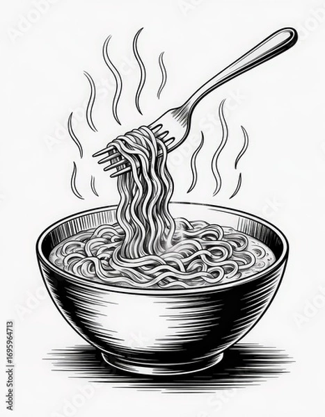 Fototapeta A fork lifting steaming noodles from a bowl, isolated on white background