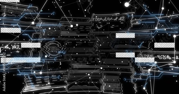 Obraz Showing abstract network in virtual space, with glowing lines, nodes, code panels and data points