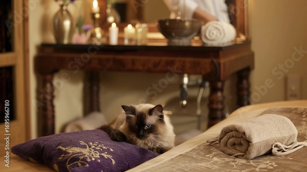 Fototapeta The beautician in linen robe blends essential oils at the sandalwood table, the Siamese cat curled up on the velvet pad to nap, and the entire spa was filled with the soothing breath of lavender and s