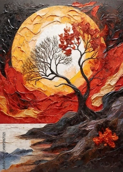 Fototapeta autumn landscape with tree and moon