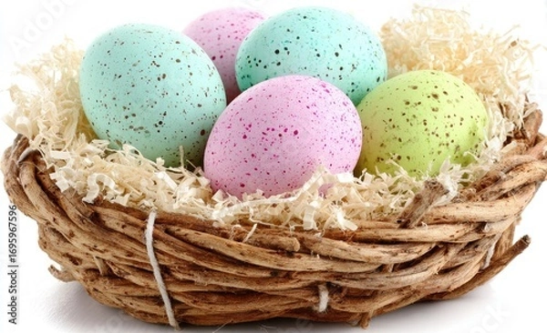 Fototapeta Pastel-colored speckled eggs in a rustic nest