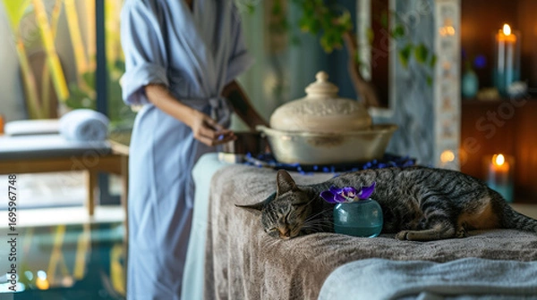 Fototapeta The beautician in linen robe blends essential oils at the sandalwood table, the Siamese cat curled up on the velvet pad to nap, and the entire spa was filled with the soothing breath of lavender and s