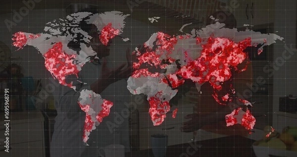 Fototapeta Displaying map with red hotspots over kitchen showing couple wearing aprons stirring frying pan