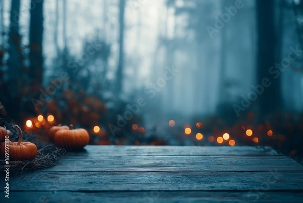 Fototapeta Empty Wooden Table Top in Foggy Forest with Pumpkins and Candle Lanterns
