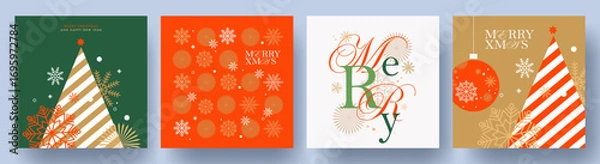 Fototapeta Merry Christmas and Happy New Year Set of greeting cards, posters, holiday covers. Xmas Design with beautiful snowflakes in modern line art style, Christmas tree and typography design. Christmas decor