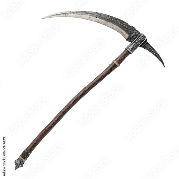 Fototapeta a reaper's scythe with a long curved blade and wooden handle isolated [Transparent Background PNG].