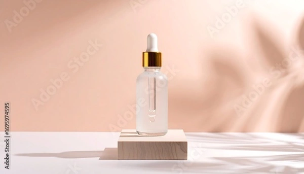 Fototapeta Natural skincare serum in a transparent dropper bottle on a wooden podium with tropical palm leaf shadows on a pastel background