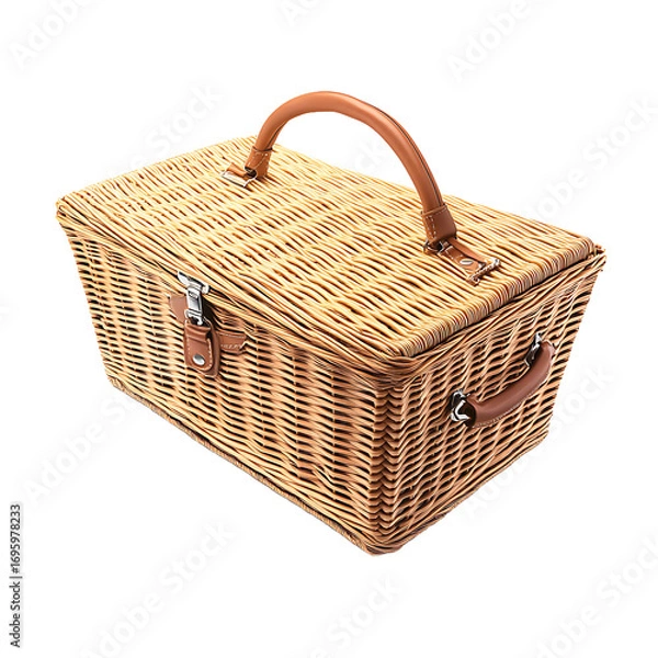 Fototapeta Woven Wicker Picnic Basket with Leather Handle and Latches
