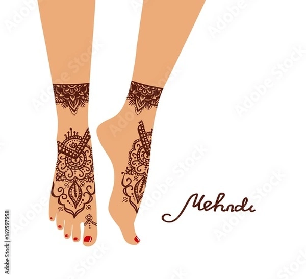 Obraz Element yoga mudra legs with mehendi patterns. Vector illustration for a yoga studio, tattoo, spas, postcards, souvenirs. Indian tradition