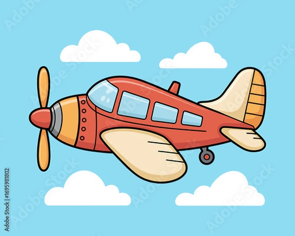 Fototapeta Cute Cartoon Airplane Flying in a Blue Sky with White Clouds Illustration for Kids and Travel Enthusiasts