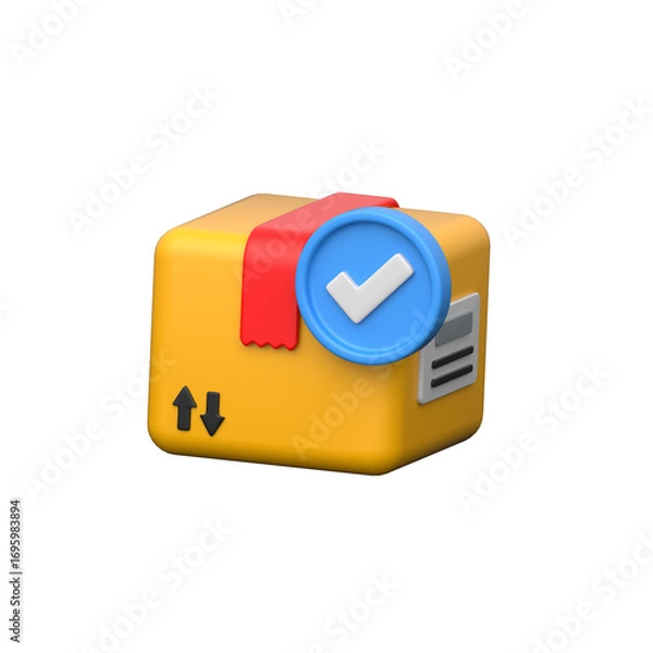 Fototapeta 3D package with checkmark representing secure, verified delivery service.