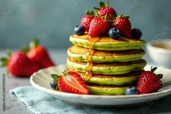 Fototapeta Fluffy matcha pancakes stacked high with fresh berries and honey drizzle , lifestyle, berries, healthy