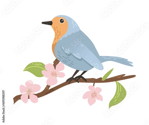 Fototapeta Bird robin with cherry branch.  Flat vector illustration.