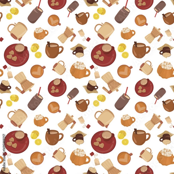 Fototapeta Cozy Coffee and Tea Seamless Pattern with Cups, Teapots and Sweets on White Background. Seamless pattern featuring coffee cups, teapots, tea bags, lemon slices, and sweet treats. Perfect for fabric