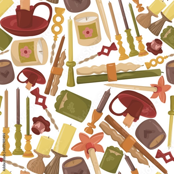 Fototapeta Cozy Candle Seamless Pattern with Holders and Decorative Details on White, Elegant candle pattern featuring various shapes, holders, and cozy details. Perfect for interior themes, wrapping paper, stat
