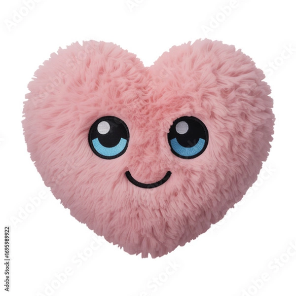 Fototapeta Adorable fluffy pink heart plush toy with big blue eyes and a sweet smiling face, perfect for expressing love and affection in any design project