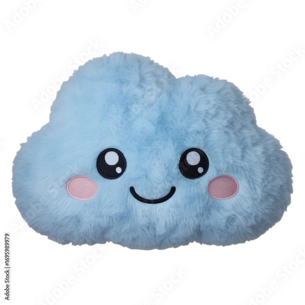 Fototapeta Adorable fluffy blue cloud plush toy with a cheerful smiling face and rosy cheeks, perfect for children's rooms and whimsical decor.