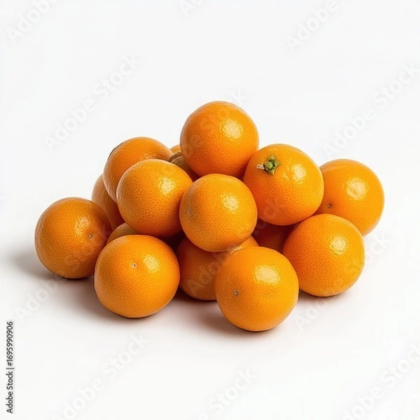 Fototapeta A pile of bright orange tangerines stacked together on a plain white surface in a studio setting shot