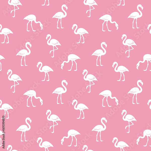 Fototapeta White flamingos repeat on pink in a playful tropical pattern for wallpaper or textile design