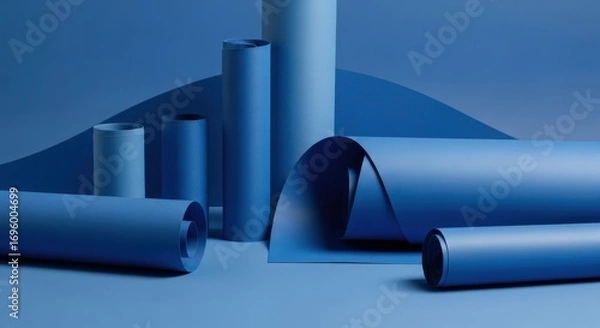 Fototapeta Blue Paper Abstract: A captivating arrangement of blue paper rolls and sheets, creating an abstract design with seamless transitions and visual texture. Evoking a sense of creativity, innovation.