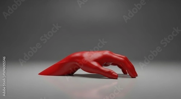 Fototapeta Artistic Red Hand Gesture: A striking art piece features a vivid red hand in a gesture of reaching out, against a minimalist studio backdrop.