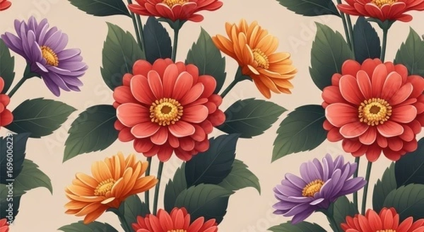 Fototapeta Floral Tapestry of Colors: A vibrant, detailed arrangement of various colorful flowers with lush green leaves and a neutral background evokes the beauty of botanical designs.
