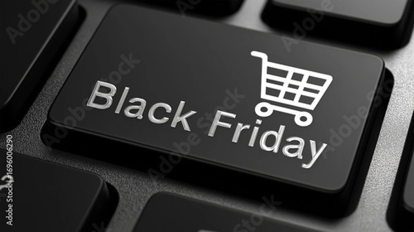Fototapeta Black Friday Shopping Button: A close-up of a computer keyboard, with a dedicated Black Friday button featuring a shopping cart icon, inviting consumers to participate in the global shopping event.