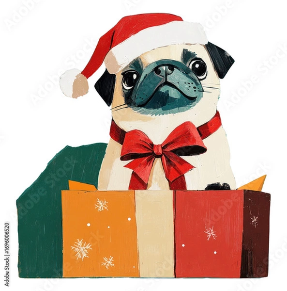 Fototapeta PNG Pug tie a ribbon bow pop up on open box pug art illustration.