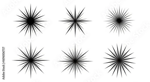 Fototapeta Abstract Burst Design Elements: Six different, dynamic starburst elements, each a unique interpretation of radiating lines and central focus, creating a stunning contrast against a solid backdrop