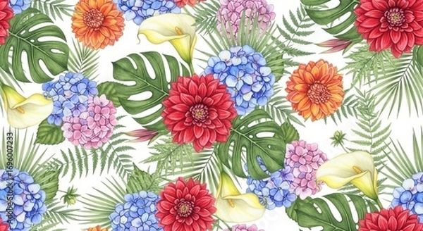 Fototapeta Botanical Bloom: A vibrant tapestry of colorful dahlias, delicate hydrangeas, and exotic calla lilies intertwined with lush monstera leaves and fern fronds, creating a visual feast.