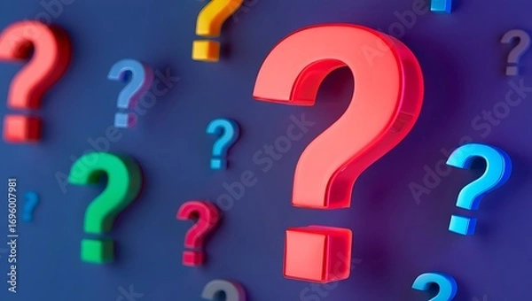 Obraz Vibrant and colorful question marks scattered on a dark blue background symbolizing mystery and uncertainty