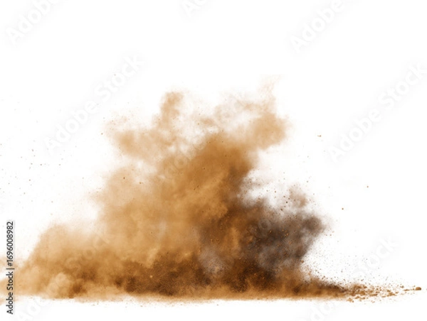 Obraz Brown dust explosion with particles scattering on black burst isolated on a transparent background