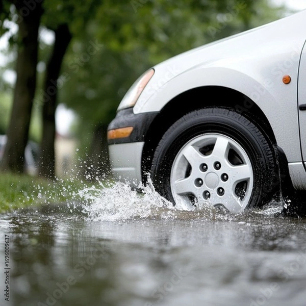 Obraz Front wheel of a silver car splashes through a puddle on a wet road, creating a dynamic spray.