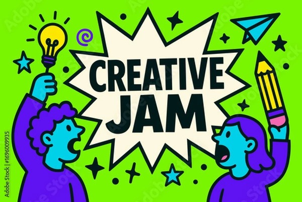 Fototapeta Creative Jam banner flat vector illustration bold oversized text inside comic burst cartoon characters shouting with light bulbs and pencils bright solid colors in neon green vivid purple.