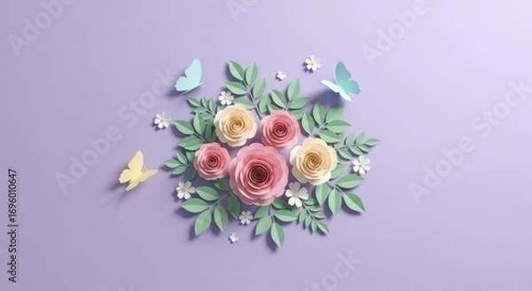 Fototapeta Floral Whispers: A vibrant composition of paper roses and delicately crafted butterflies rest upon a soft lavender backdrop. The image evokes a sense of peace, beauty.