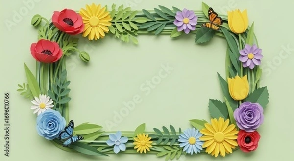 Fototapeta Floral Embrace: A vibrant and intricate floral arrangement, meticulously crafted with delicate paper, forming a captivating rectangular frame, set against a soft and inviting backdrop. 