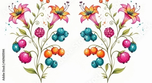 Fototapeta Vibrant Floral Ornament: A colorful array of whimsical flower and berry blossoms in a painterly style, perfect for decorative purposes and conveying nature's beauty.