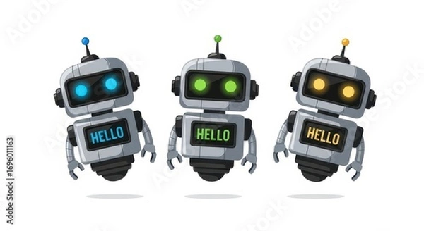 Fototapeta Friendly Robots: A captivating illustration showcasing three cheerful robots, each radiating a distinct personality with glowing LED eyes and a warm message of HELLO displayed on their screens. 