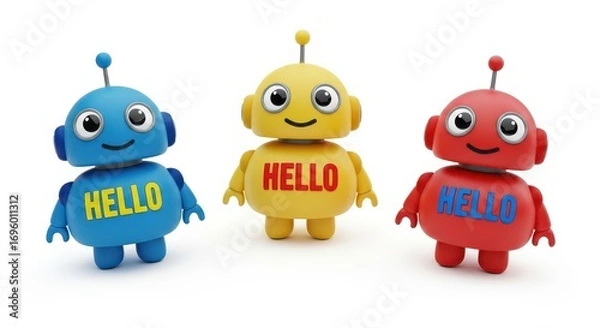 Fototapeta Robots and Greetings: Cheerful, colorful robots, each with a unique hue, display a welcoming hello, inviting interaction and friendship through their vibrant design.