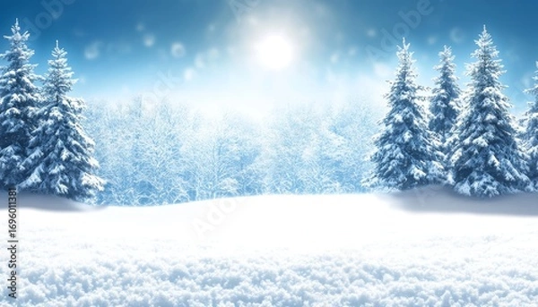 Fototapeta Serene Winter Landscape with Snowy Fir Trees and Sparkling Bokeh under a Pale Blue Sky.