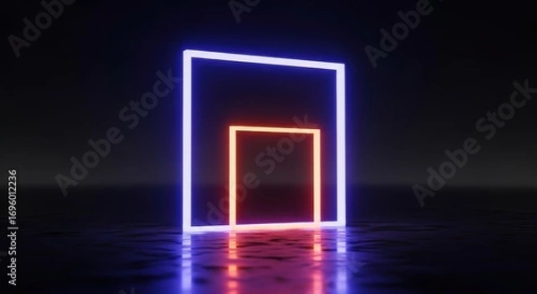 Fototapeta Neon Square Light Show: A mesmerizing display of geometric elegance, with vibrant neon squares illuminating a dark, reflective surface, the artwork exudes modernity and digital artistry.