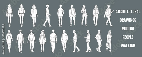 Fototapeta Architectural Drawings  modern people walking in various directions vector illustration,  front and side views, human person Minimal style hand drawn. Sections, Elevations, Floor Plans