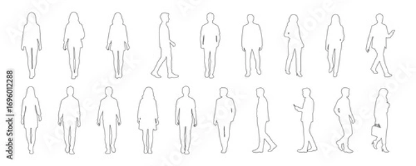 Fototapeta Architectural Drawings  modern people walking in various directions outline vector illustration,  front and side views, human person Minimal style hand drawn. Sections, Elevations, Floor Plans