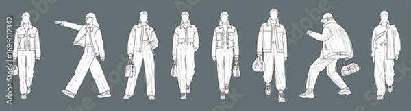 Fototapeta Architectural Drawings fashion models walking in various runway and streetwear poses vector illustration, front view, human person Minimal style hand drawn. Sections, Elevations, Floor Plans