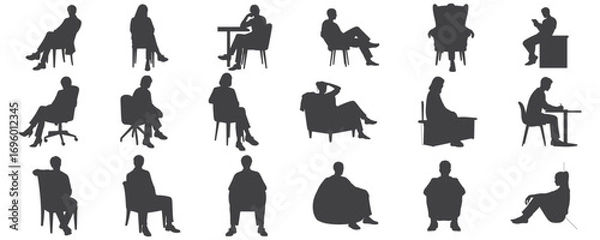 Fototapeta Architectural Drawings fashionable people sitting in different relaxed and formal poses silhouette vector illustration, front view, human person Minimal style hand drawn.